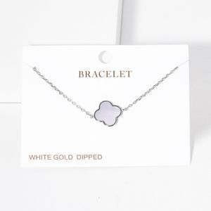 Silver Quatrefoil Pendant Bracelet Mother of Pearl Charm Clover Chain Jewelry
